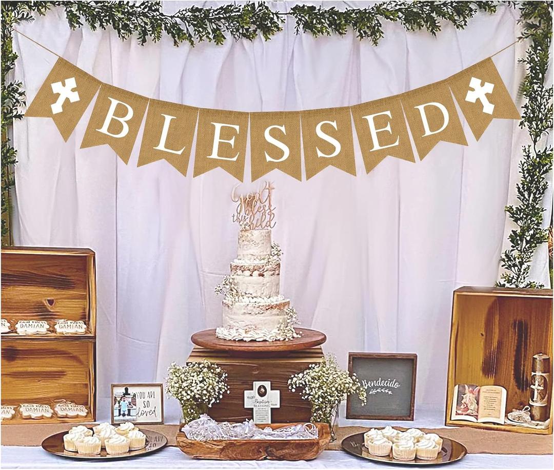 Blessed Burlap Banner Easter Communion Baptism Decorations for Boys Girls First Communion Confirmation Banner Garland Decor for Baby Shower Birthday Fireplace