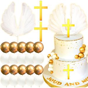 JeVenis Cross Cake Decoration - Baptism Angel Cake Decoration - Party Favors & Supplies (Gold)