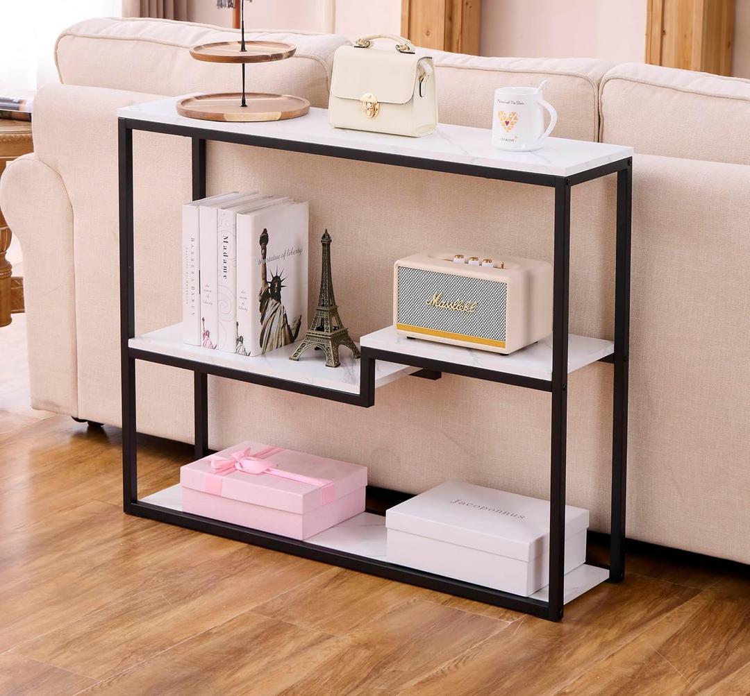 loglus Console Table for Entryway, Faux Marble MDF Sofa Table with Golden Frame, Multilayer, Black Frame, 9.45" D x 38.18" W x 31.22" H