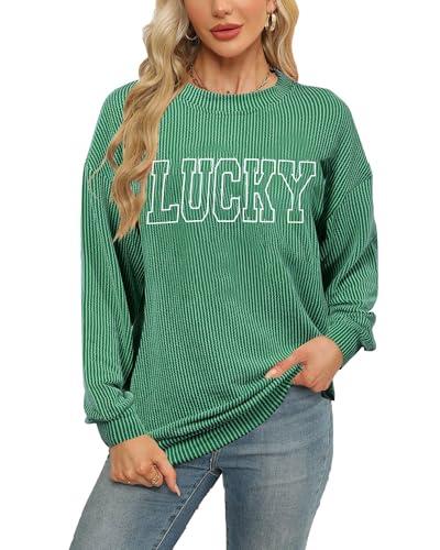Women St. Patrick's Day Sweatshirts Shamrock Clover Long Sleeve Shirt Irish Pullover Casual Ribbed Knit Tops, Size S, Green