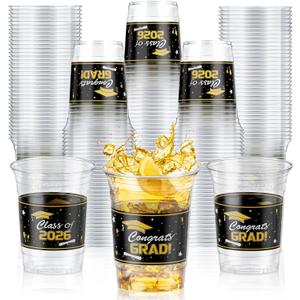 Graduation Cups 2026, Class of 2026 Cups, 48 Pack 16 oz Clear Plastic Graduation Cups, Black and Gold Congrats Grad Disposable Cups for Graduation Party Supplies