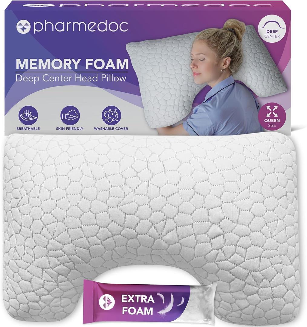 Pharmedoc Adjustable Shredded Memory Foam Bed Pillow - Perfect for Side Sleeper - Deep Center - Neck Support for Pain Relief - Queen Size - Extra Filling Pack
