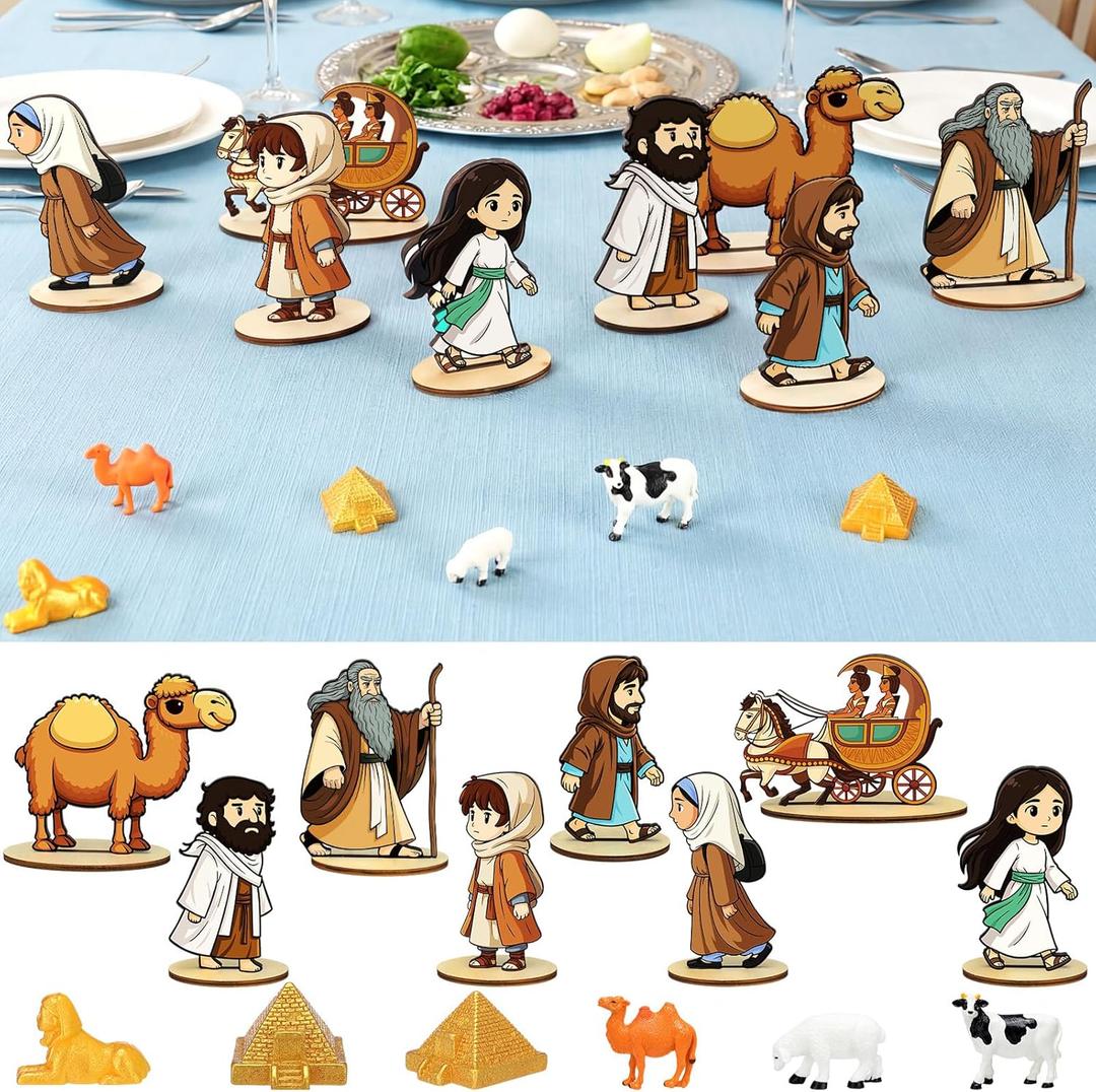 Vicenpal 14 Pcs Passover Table Centerpiece Happy Passover Egyptian Figurines Ancient Jewish Pesach Wooden Tabletop Decor with Base Sphinx Camel Pyramid Moses Crowd for Jewish Indoor Party Decor