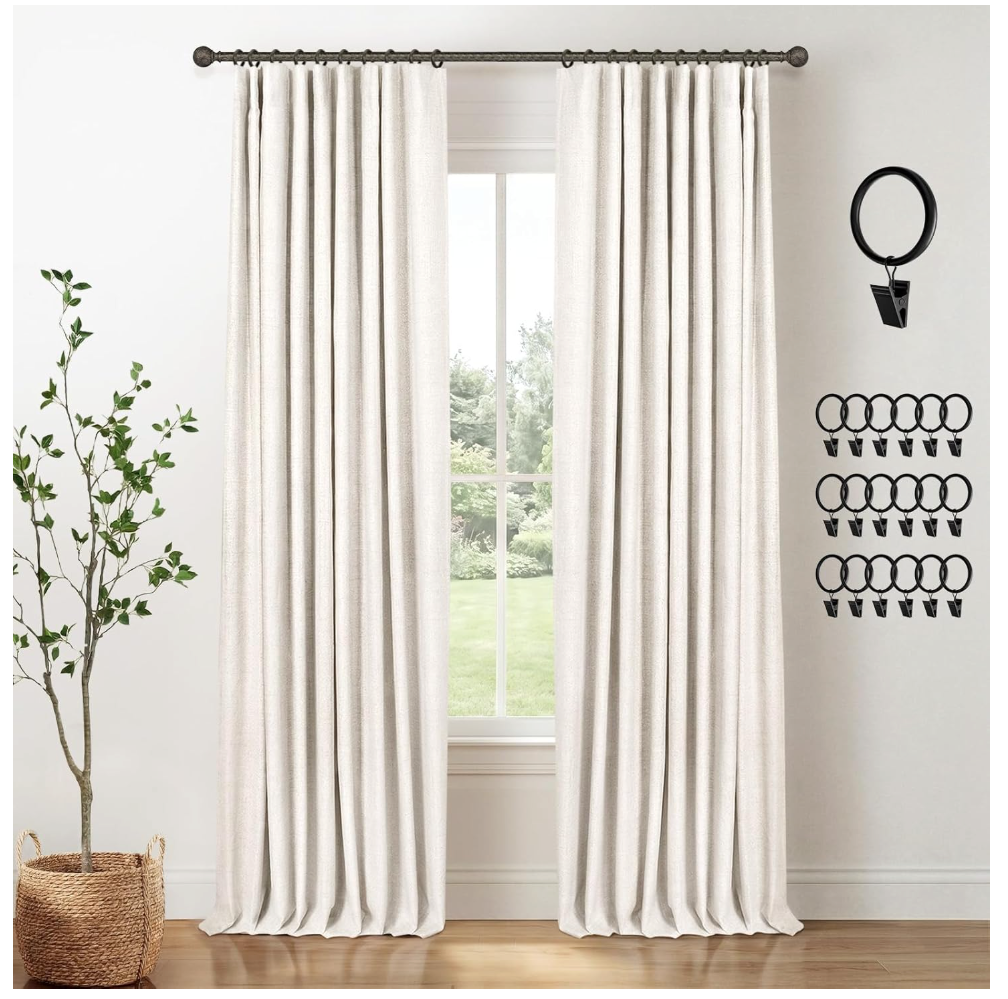 INOVADAY 100% Blackout Curtains for Bedroom, Black Out Curtains 84 Inch Long, Clip Rings Linen Blackout Drapes, Thermal Insulated Room Darkening for Living Room, 2 Panels  Beige,W50xL84