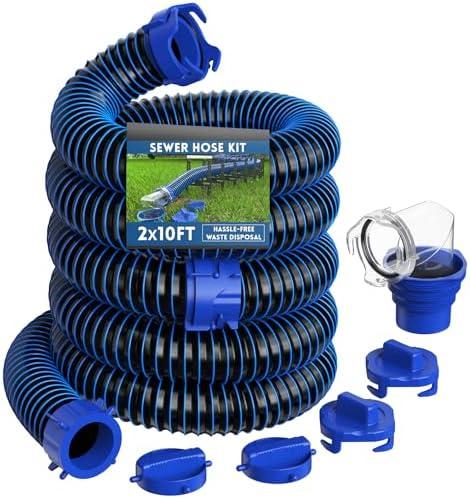 DUMPMAN 20 FT RV Sewer Hose Kit, Sewer Hose for RV Camper - Includes 2 Attachable 10 ft Sewer Hose with Swivel Fitting, 90 Degree Clear View Sewer Adapter, and 4 Storage Caps