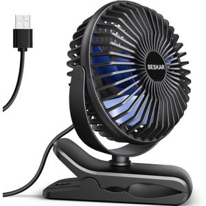 BESKAR USB Clip-on Fan, Portable Small Fan with Cord Powered, 3 Speeds Strong Airflow, with Sturdy Clamp, Quiet Personal Desk Fan