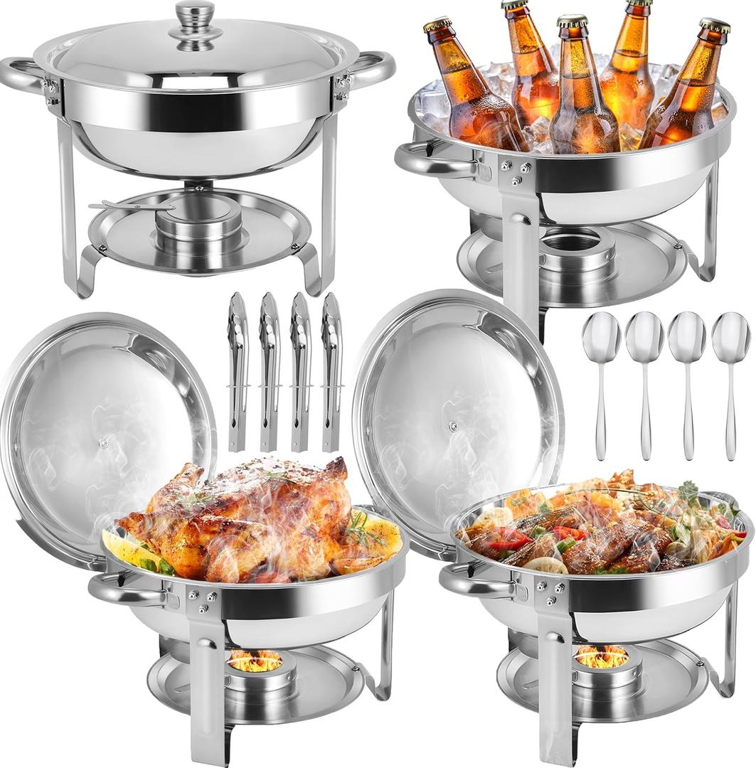 Chafing Dishes for Buffet, 4 Pack 6QT Round Stainless Steel Chafing Dish Buffet Set with Lids, Chafers and Buffet Warmers Sets for Home Parties, Christmas Gatherings, Catering Events