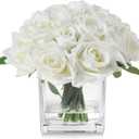18 Heads Faux Rose Flowers in Vase, Fake Rose Flowers Arrangement in Vase with Fake Water for Dining Table, Wedding Decor (Cream)