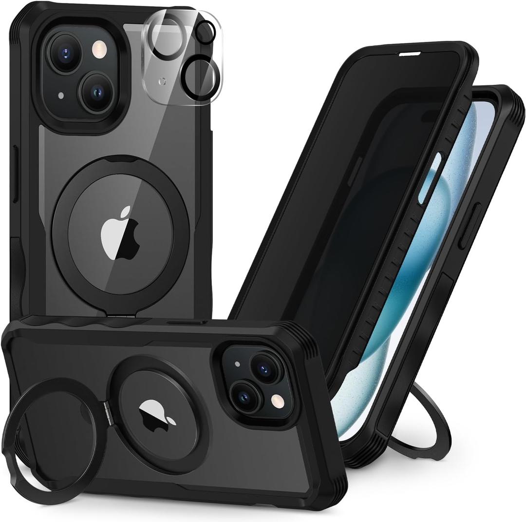 CENHUFO for iPhone 15 Case, Privacy Phone Case [Compatible with Magsafe] Built-in Tempered Glass Privacy Screen Protector and Magnetic Ring Stand, Full Body Shockproof Clear Camera Lens Cover -Black