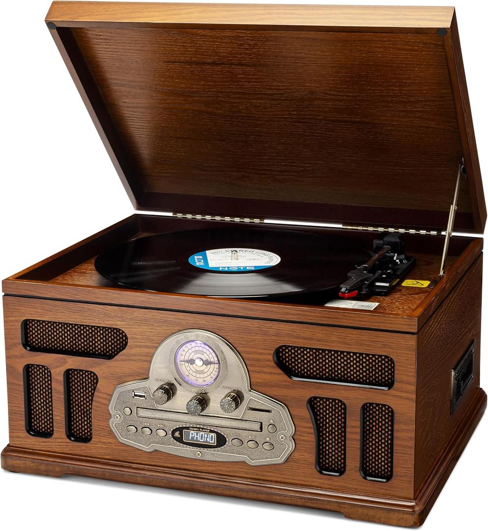 SoundBeast All-in-One Turntable with 3-Speed Record Player, Bluetooth, CD, Cassette Tape, AM/FM Radio, USB, Built-in Speakers, Handmade Wooden Exterior