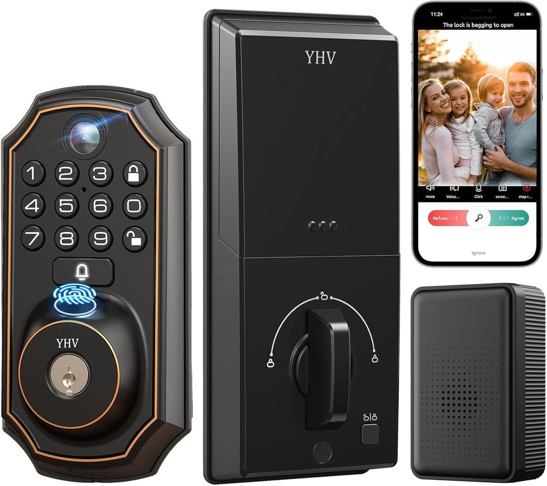 YHV Keyless Entry Door Lock with Camera Fingerprint Smart Door Lock with App Remote Control, Wi-Fi Connected Electronic Keypad Code Deadbolt Auto Unlock for Front Door