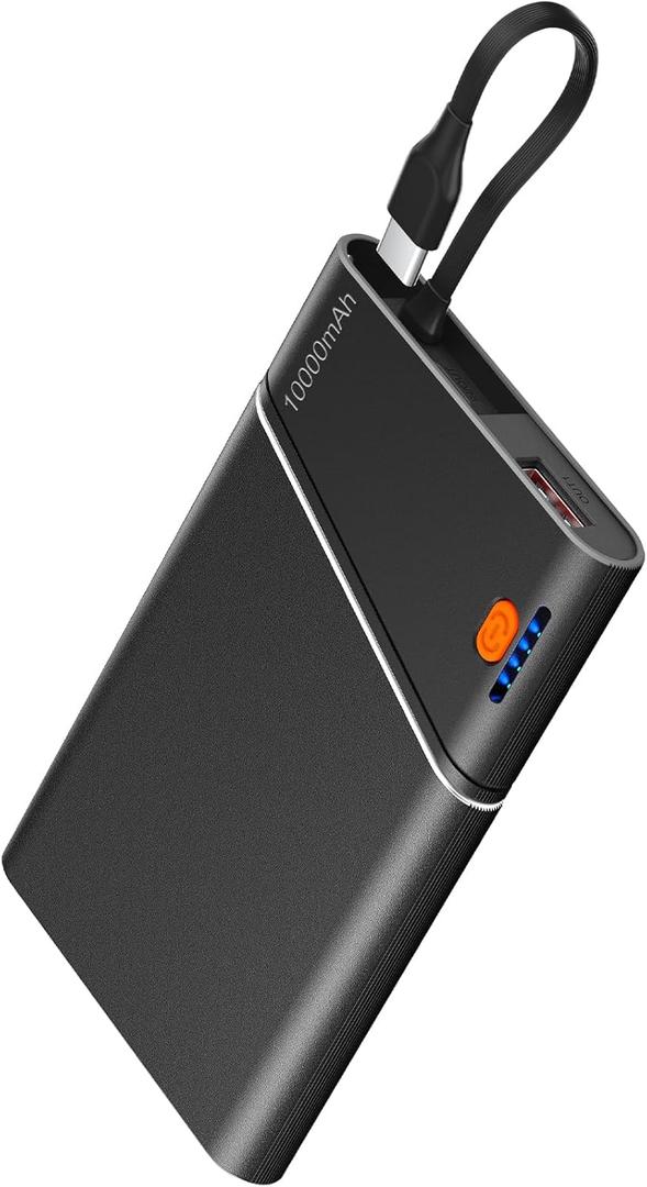Portable Charger Power Bank, 10000mAh 22.5W PD Super Fast Charging Powerbank with Built-in USB C in&Out Cable, Slim External Phone Battery Pack for iPhone 16/15/14 iPad Samsung S24 Android etc