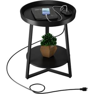 Gadroad Round End Table with Charging Station, USB Ports and Anti-Drop Fence, Wood Tabletop & Black Metal Frame, 2-Tier Side Table for Living Room, Bedroom, Black 15.7 * 15.7 * 23.0 inches