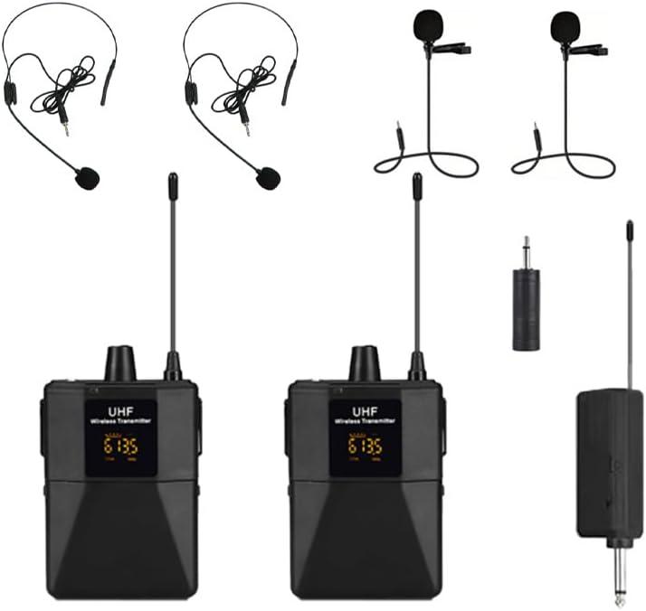 2.4G Wireless Microphone System2 Headset/Lavalier Mic with Portable Receiver&Bodypack Transmitters, 30 Frequency Channels, 50m Range for Teachers, Public Speaking, Singing, Karaoke