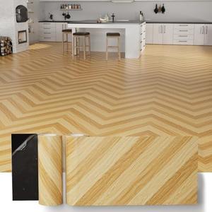 2 Rolls Cover 40 Sq.Ft Peel and Stick Vinyl Flooring Roll Tile 11.8” x 236”, Self Adhesive Floor Wood Grain Linoleum Flooring Roll Tile DIY for Kitchen, Bathroom, RV, Light Brown Herringbone