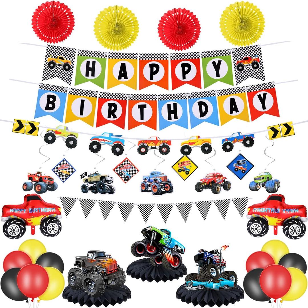 Skylety Monster Truck Birthday Party Supplies Truck Birthday Banner Triangle Bunting Hanging Swirls Multicolor Balloons Honeycomb Table Centerpieces Paper Fans
