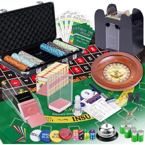 5 in 1 Super Pro Casino Game Set: Blackjack/Texas Hold'em/Roulette/Craps/Poker Kit, 10" Wooden Roulette Wheel, Carrying Case with 300 Clay Chips, 6 Deck Shuffler, 2 Double-Sided Rubber Mat And More