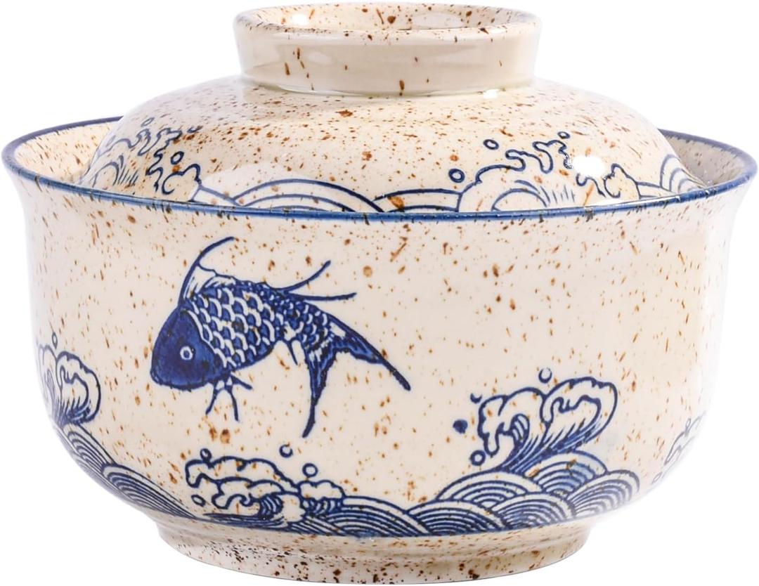 Ramen Bowl with Lid, Japanese Style 25.4 OZ Big Ceramic Bowls with Lid and for Soup Rice Noodle and Porridge, Microwave Oven Safety