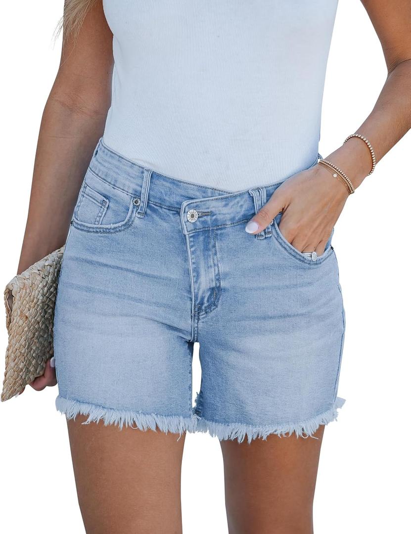 luvamia Jean Shorts for Women Low Waisted Trendy Stretchy Crossover Waist Denim Shorts Raw Hem Casual Summer Pockets (Medium, Blue Breeze)