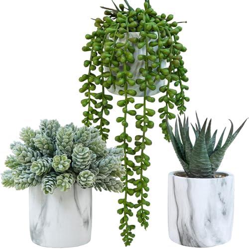 Winlyn Set of 3 Small Artificial Succulent Potted Plants Fake Aloe Hops String of Pearls in Modern Marble Ceramic Planter for Home Garden Bathroom Shelf Office Desk Tabletop Indoor Outdoor Décor