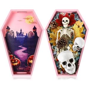 Leinuosen 1 Pack Halloween Wooden Coffin Tray 14" Halloween Charcuterie Board Coffin Serving Trays Wooden Spooky Gothic Home Table Decoration for Party Kitchen Decoration(Pink Horror)