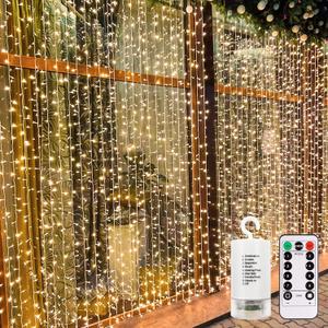echosari 300 LED Curtain Lights Battery Operated, 9.8ft9.8ft Hanging Light with Remote Timer Fairy Curtain Lights for Bedroom Patio Wedding Backdrop Party Decr (Warm White)