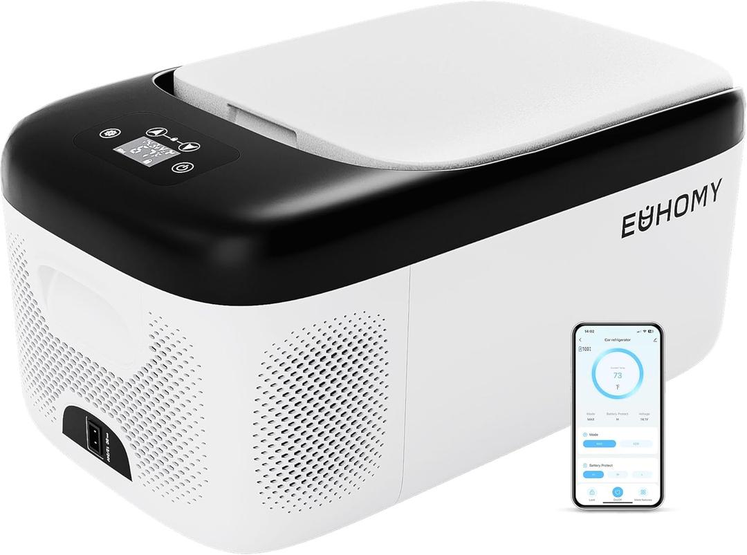 EUHOMY 12 Volt Refrigerator, 17QT(16L) Car Refrigerator APP Control, Car Fridge 110-240V AC 12/24V DC, Portable Freezer -4~68, 12V Cooler For Van, Fishing, Camping, Travel, Home (White, Black)