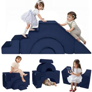 MeMoreCool Modular Kids Sofa, Foam Couch Sofa with Slide & Stair Design, Convertible Kids Couch for Playroom, Sectional Child Furniture for Bedroom Living Room, Navy (Deep Navy (Solid))