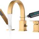 Brass Roman Tub Faucet with Sprayer, Deck Mount Bathtub Faucet with Hand Shower, 3 Hole Waterfall Faucet with 360 Spout, Single Handle Tub Filler with 8 GPM High Flow, Brushed Gold