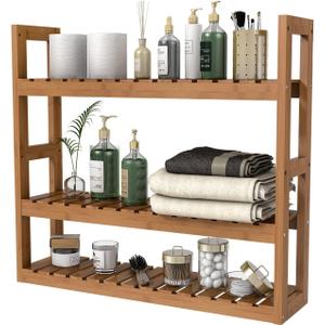 Domax Bamboo Bathroom Shelf 3-Tier Wall Mount Storage Rack Multifunctional Adjustable Layer Free Standing Over Toilet Utility Shelves Living Room Kitchen (Walnut)