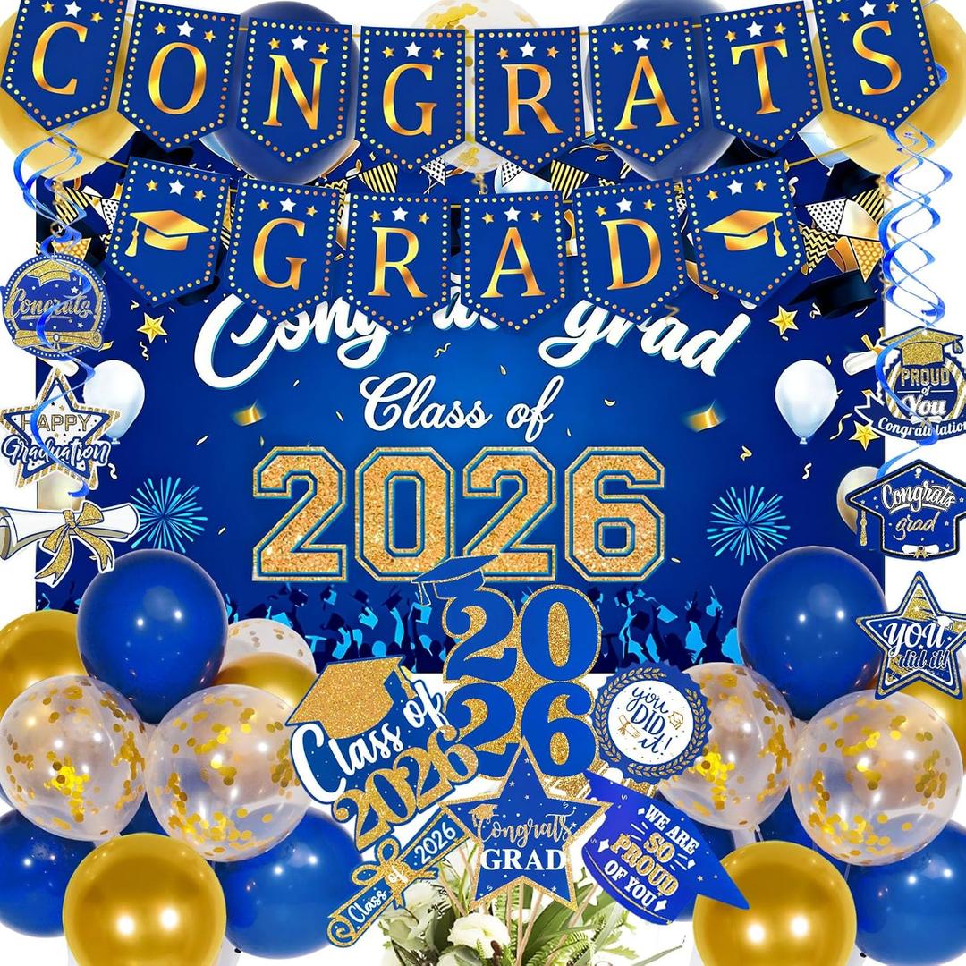 Blue and Gold Graduation Decorations 2026 with Congrats Grad Banner, Graduation Cake Topper, Backdrop, Hanging Swirls, Balloons for Class of 2026