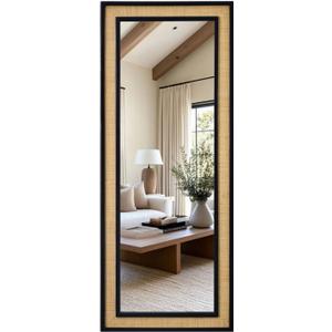 Rattan Full Length Mirror,24"x60" Long Rattan Wall Mirror,Wooden Mirror with Wicker Frame,Decorative Full Body Mirror Hanging,Farmhouse Rectangle Floor Mirror for Bathroom Living Dressing Room Black