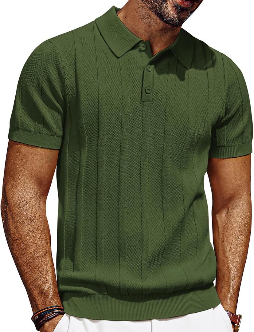 PJ PAUL JONES Mens Polo Shirts Short Sleeve Textured Knit Polo Shirt Ribbed Casual Golf Shirts (Green, XXL)