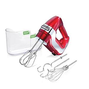 Hamilton Beach Professional 5-Speed Electric Hand Mixer with High-Performance DC Motor, Slow Start, Snap-On Storage Case, Stainless Steel Beaters, Dough Hooks & Whisk, Red and Chrome (62653)