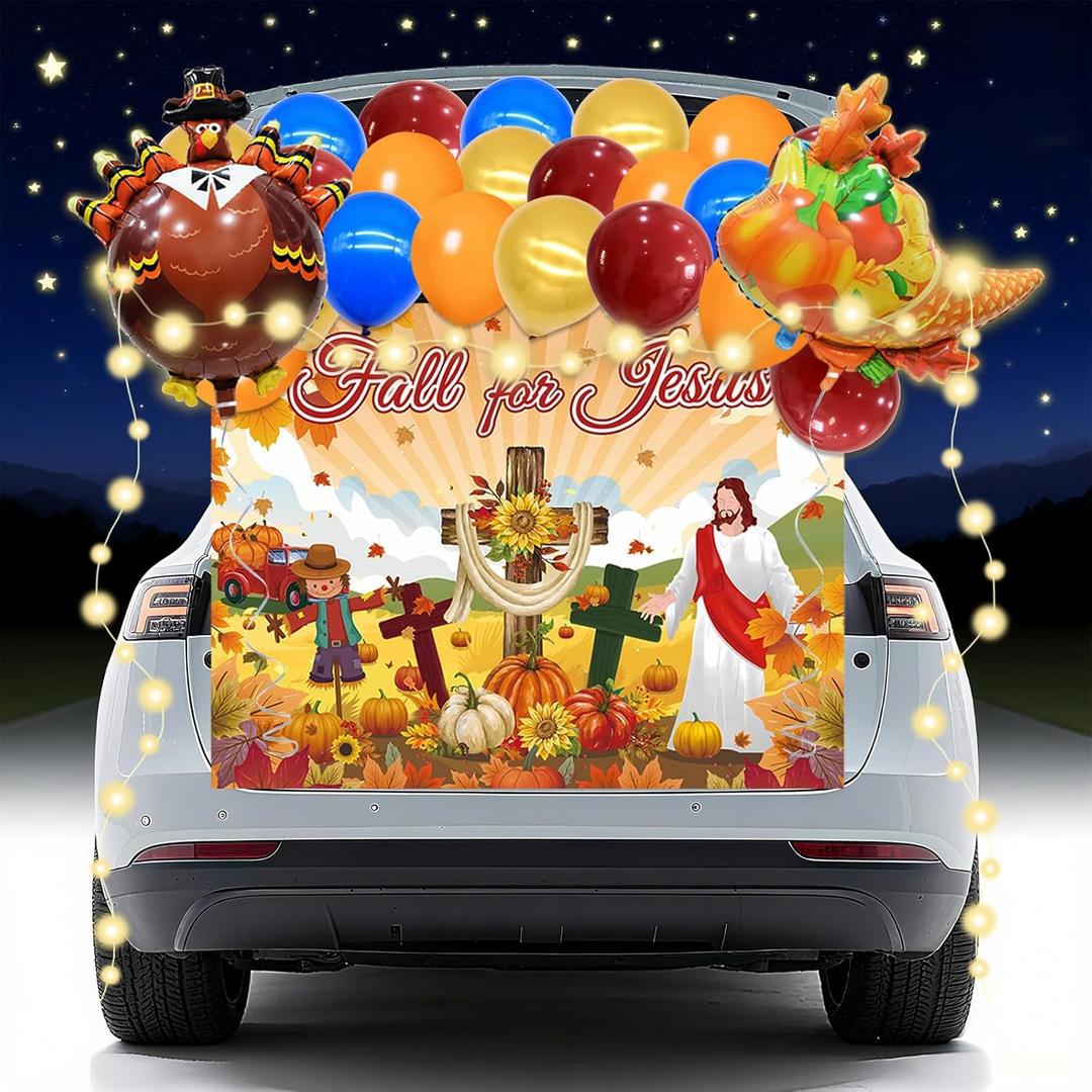 Religious Halloween Trunk or Treat Car Decorations Kit, Fall Church Trunk or Treat Car Decoration with Jesus Backdrop Turkey for Autumn SUV Archway Garage Halloween Party Decorations Outdoor
