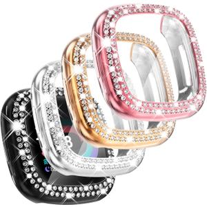 CHANCHY 4 Pack Compatible with Fitbit Versa 4 Screen Protector Case, Soft TPU Full Protective Case Cover Bumper Bling Crystal Diamond Frame for Fitbit Versa 4 Smart Watch, Rose Gold/Pink/Silver/Black