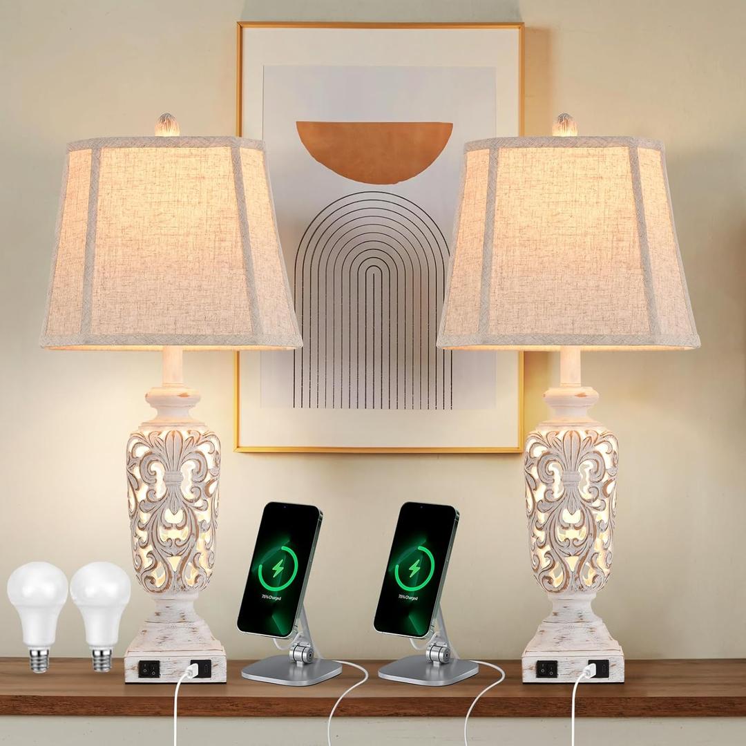 Living Room Lamps Set Bedside Lamp Farmhouse Rustic Lamp Bedroom for Nightstand Lights Set of 2 with USB A+C Ports Palace Lampshade (White Wash,28-in High)