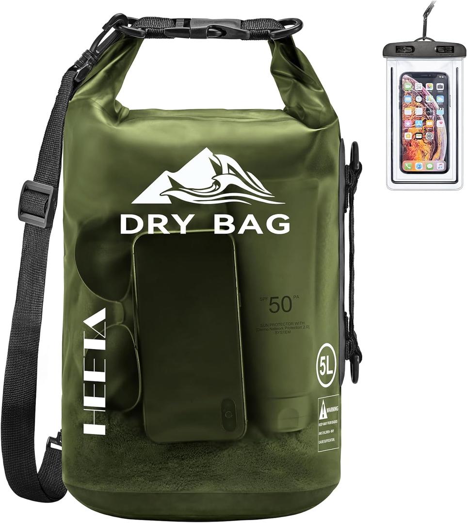 HEETA Waterproof Dry Bag for Women Men, Roll Top Lightweight Dry Storage Bag Backpack with Phone Case for Travel, Swimming, Boating, Kayaking, Camping and Beach, Transparent Pitch Green 10L