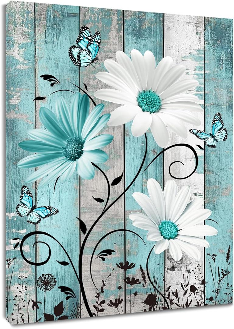 MYUSRE Farmhouse Teal Floral Wall Art for Bathroom, Turquoise Daisy and Butterfly on Retro Wood Canvas Wall Art Wildflower Nature Plant Pictures for Bedroom Living Room Wall Decor, 16L X 12W inches