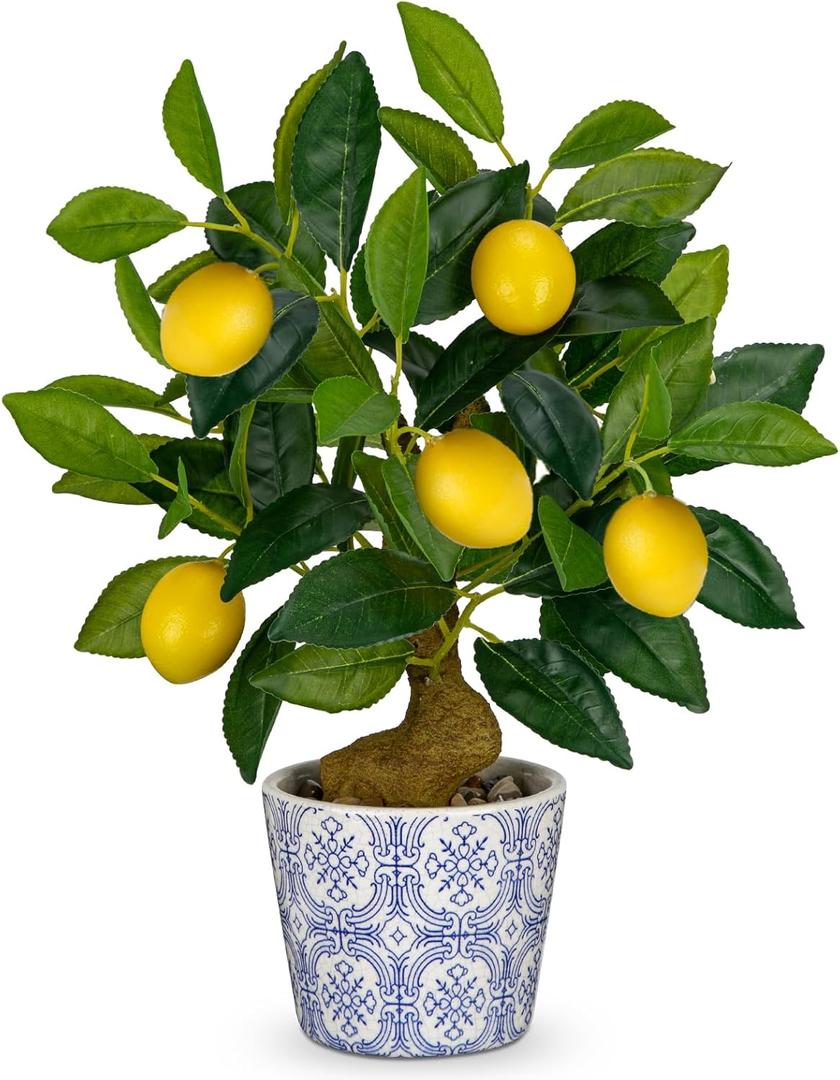 Artificial Potted Plants, 15.7 inches Small Fake Lemon Tree Artificial Lemons Citrus Tree with Blue and White Pot Faux Potted Plants Indoor Lemon Decorations for Home, Office, Living Room Table, Desk