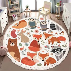 Round Rugs Woodland Animals Cute Forest Design Elements Boho Area Rug Linen and Cotton Carpet Meditation Rug Washable Hallway Runner Mat Accent Rug for Bedroom Bathroom 6ft (Multi1)