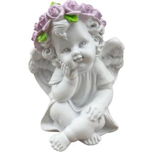 White Angel Garden Statue Figurines Home Decor Rose Crown Cherub Statue Christmas New Year Angels Figurines Decorations Lawn Yard Decor for Patio, Gift for Mom (3.23 * 2.83 * 4.25in)
