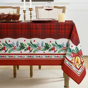 Romanstile Christmas Checkered Rectangle Tablecloth, Winter Holly Bell Table Cloth, Red Buffalo Plaid Xmas Table Cover for Dining, Party, Holiday Decor - 60 x 84 Inch