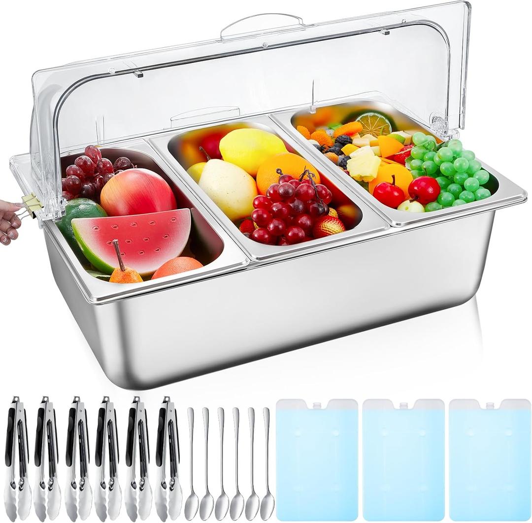 Tessco for you 16 Pcs Ice Food Spice Serving Display Countertop Chilled Condiment Container Set with Lid, Stainless Steel Salad Cold Caddy for Buffet Restaurant Kitchen Party(3 Compartments)