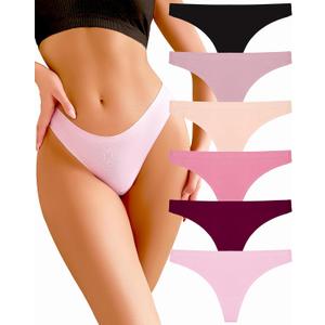 FINETOO 6 Pack Thongs for Women Seamless Breathable Underwear No Show Floral Print Panties Invisible Hipster (Medium, Black,apricot,dusty Rose,rose Pink,pale Pink,burgundy)