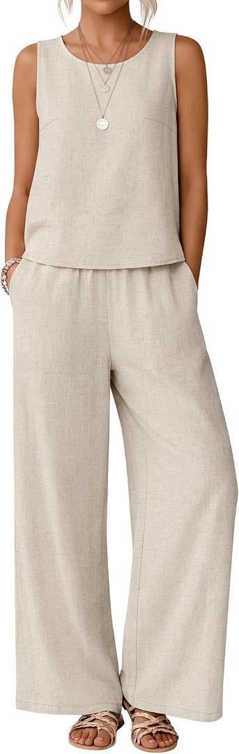 Ficerd Women 2 Piece Summer Outfits Lounge Beach Linen Sets Summer Sleeveless Crop Tank Tops Cropped High Waist Pants, (Linen,Small)