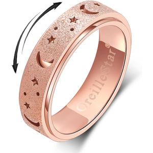 OreilleStar Anxiety Spinner Ring for Women: Fidget Toys for Adults, Titanium Stainless Steel Thumb Ring for Men, Moon Star Rose Gold (9)