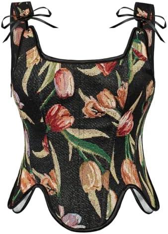 Scarlet Darkness Black Corset Top for Women Fishbone Cottagecore Bustier Bodice Black Floral Size 14 Scarlet Darkness Black Corset Top for Women Fishbone Cottagecore Bustier Bodice Black Floral Size 14