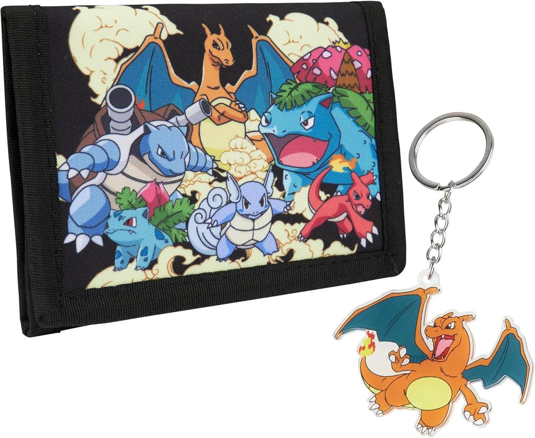 Pokemon Wallet and Keychain Set for Kids Trifold Wallet with ID Pocket Card Slots Zipper Coin Purse Pikachu Anime Gifts for Boys (Black/Multi)