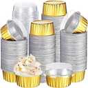 Gejoy 400 Pcs Aluminum Foil Baking Cups with Lids 5 oz Disposable Ramekins Mini Cake Pans Creme Brulee Cupcake Liners Muffin Tins Flan Mold Dessert Container for Wedding (Gold,Classic)